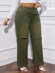 SHEIN EZwear 大尺碼女用破洞鬍鬚細節直筒牛仔褲 - 軍綠色 - 查看 5