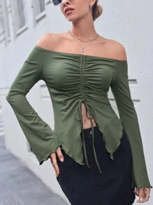 SHEIN Essnce Drawstring Detail Asymmetric Hem Off Shoulder T-shirt - Army Green - View 2