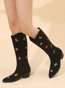 Styleloop 時尚刺繡蝴蝶粗跟及膝靴子適合女士 - 黑色 - 查看 2