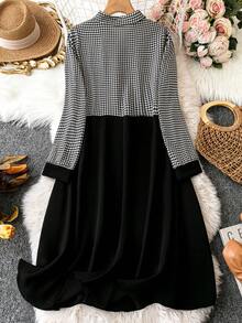 SHEIN LUNE Của phụ nữ Kích thước lớn Đồ họa Houndstooth Dây kéo mặt trước Váy sơ mi - Đen và trắng - Xem 2