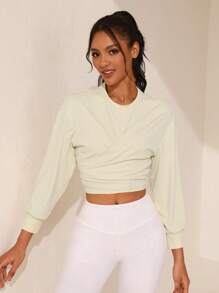 SHEIN Sports Women's Solid Color Round Neck Wrap Front Pleated Athletic Sweatshirt - Apricot - View 4
