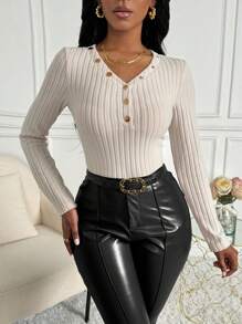 SHEIN Slayr Women's Solid Color Button Placket Ribbed Slim Fit T-shirt - Khaki - View 5