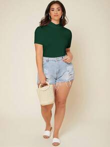 SHEIN BASICS Kích thước lớn Của phụ nữ Đứng cổ áo Ngắn tay Áo thun - Màu xanh lá cây đậm - Xem 3