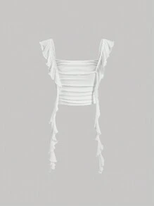 SHEIN MOD 女款純色荷葉邊下擺吊帶上衣 - 白色 - 查看 2