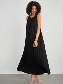 女士純色無袖背心薄肩家居服 - 黑色 - 查看 3