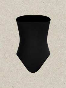 SHEIN EZwear 2 件/套纯色无肩带塑身衣紧身衣无缝丁字裤塑身衣女士收腹修身紧身衣