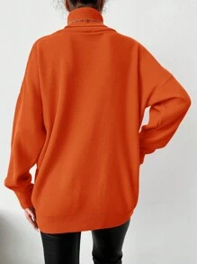 EURMUSE Women's Solid Color High Neck Drop Shoulder Sweater - Burnt Orange - View 3