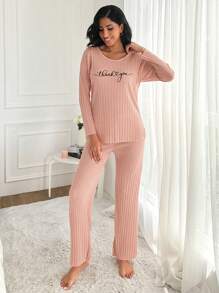 EURMUSE Damen Schlogan-Muster Oversized Langarm Top und Hose Pyjama Set - Korallenrosa - Übersicht 4