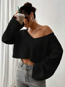 Flirla Suéter casual de mujer de cuello en V sólido y texturizado, parte superior de manga tres cuartos, suéter de punto de otoño e invierno - Negro - Ver 3