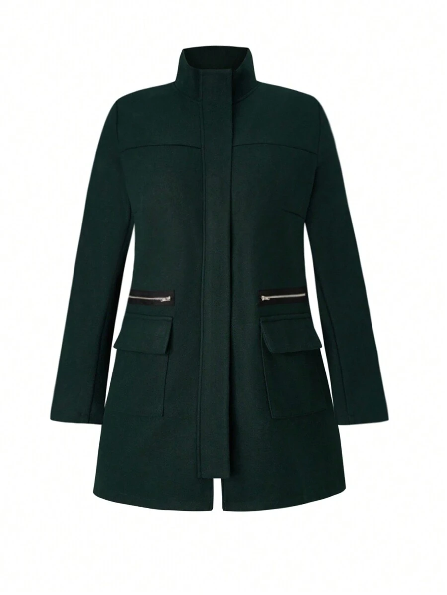 SHEIN LUNE 大尺碼女用蓋口袋立領羊毛大衣 - 墨綠色 - 查看 1