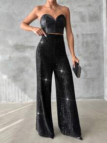 EURMUSE Sequin Wide Leg Pants - Black - View 4