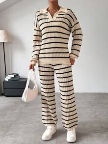 SHEIN Frenchy Women's Striped Drop Shoulder Sweater 2pcs/set - Apricot - View 4