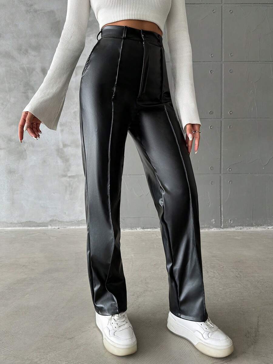 EURMUSE High Waist Slant Pocket PU Leather Pants - Black - View 1
