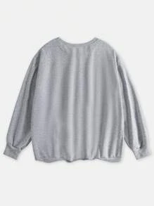 Flirla Plus Slogan & Cartoon Graphic Sweatshirt Pullover Fall Sweatshirt - Light Grey - View 2