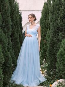 Maternity Solid Color Mesh Dress Elegant Gown For Evening Party - Baby Blue - View 3
