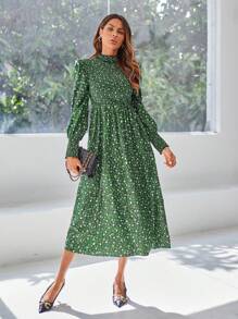 SHEIN Frenchy Vestido Largo De Manga Larga Con Cuello Alto Verde Para Mujer Con Estampado Aleatorio - Multicolor - Ver 3