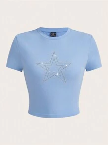 SHEIN EZwear Rhinestone-studded Five-pointed Star Design Short Sleeve T-shirt - Baby Blue - View 1