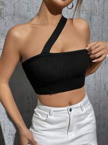Flirla Women's Knitted One-shoulder Top - Black - View 1