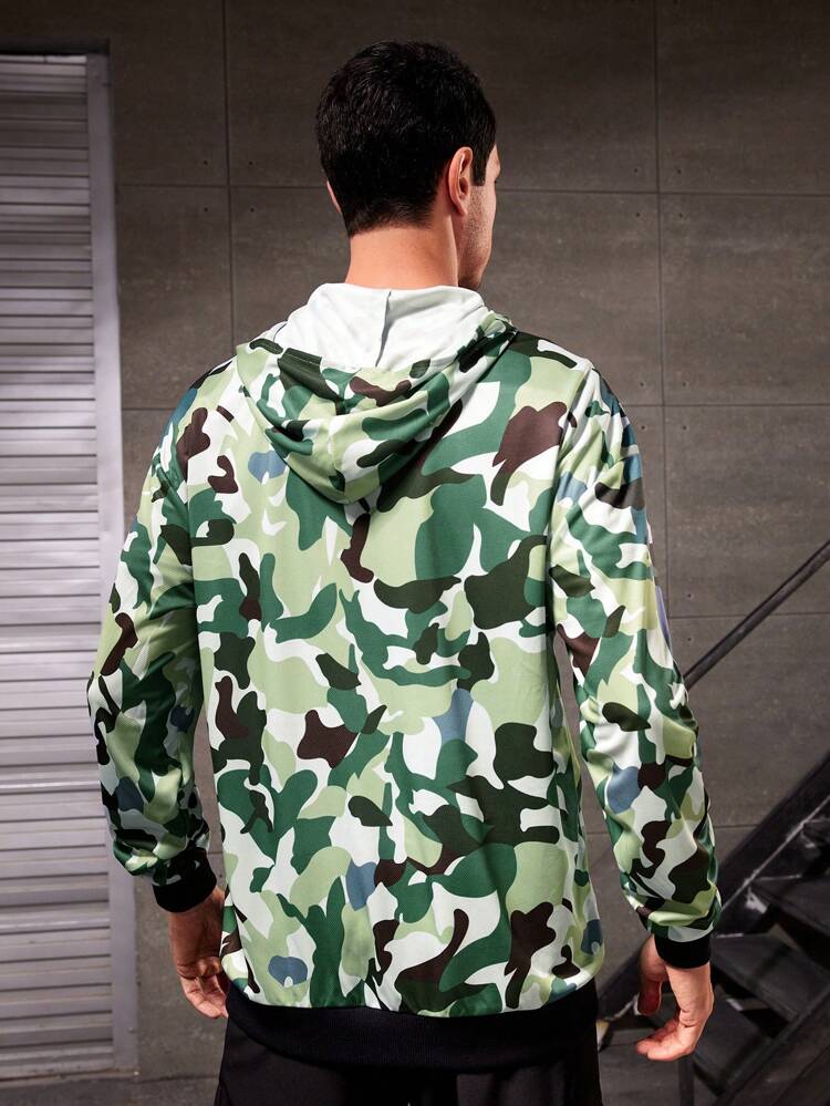 Men's Camouflage Zipper Closure Sports Hoodie Workout Tops
