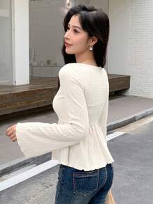 DAZY Solid Color Square Neck Long Sleeve Slim Fit T-Shirt,Ruffle,Babydoll Top