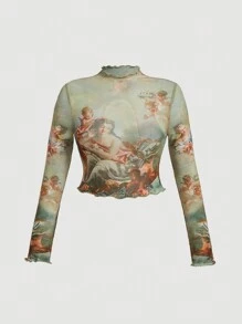 SHEIN MOD 大尺碼女生菜邊印花上衣