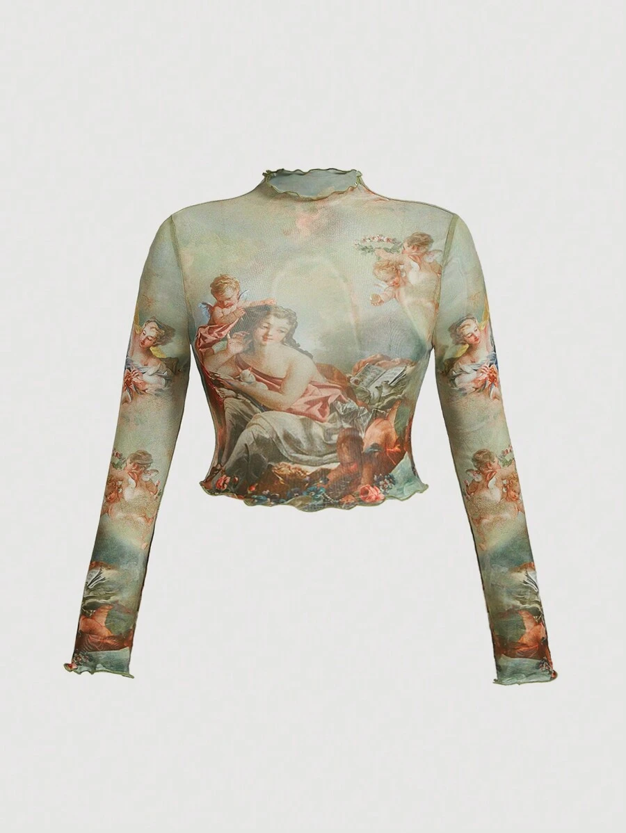 SHEIN MOD 大尺碼女生菜邊印花上衣