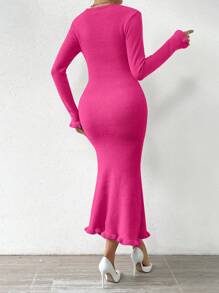 SHEIN Privé 優雅的魚尾搭扣長袖方領毛衣裙 - 玫紅色 - 查看 2