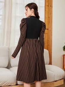 SHEIN Thiếu niên Cô gái Dệt kim Vá lại Đồ họa Houndstooth Đứng cổ áo Chân Của Tay áo Đầm giản dị - màu nâu - Xem 2