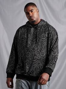 SHEIN Manfinity Homme 男士大碼連帽衫,全印花圖案和拉繩 - 黑色 - 查看 1