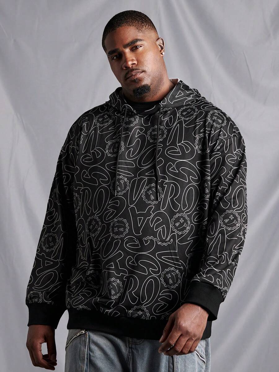 SHEIN Manfinity Homme 男士大碼連帽衫,全印花圖案和拉繩 - 黑色 - 查看 1