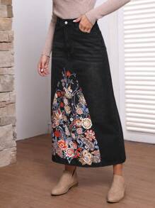 SHEIN LUNE 女士花卉印花牛仔裙 - 黑色 - 查看 6