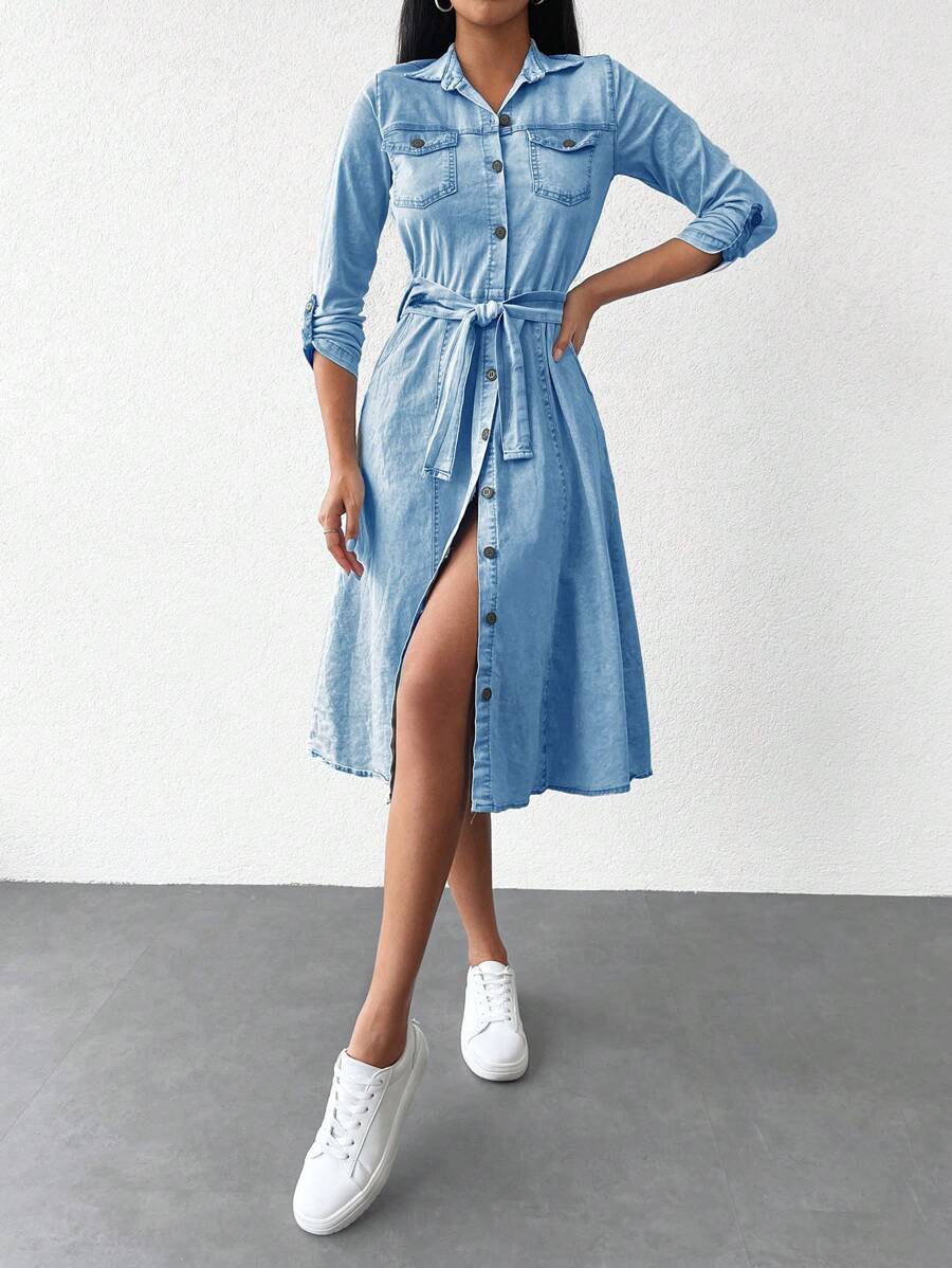 SHEIN Cottnline فستان دنيم جيب قلاب اكمام بشريط ملتف حزام - أزرق فاتح - مشاهدة 1