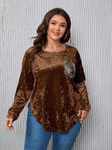 SHEIN LUNE Plus Size Women's Sequin Pocket Velvet T-shirt - Brown - View 1