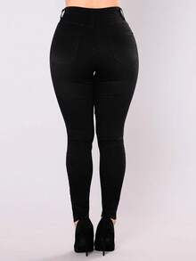 Cao eo Co giãn Chi tiết Nút Quần bó sát - màu đen - Xem 2