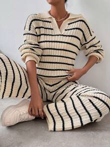 SHEIN Frenchy Women's Striped Drop Shoulder Sweater 2pcs/set - Apricot - View 1