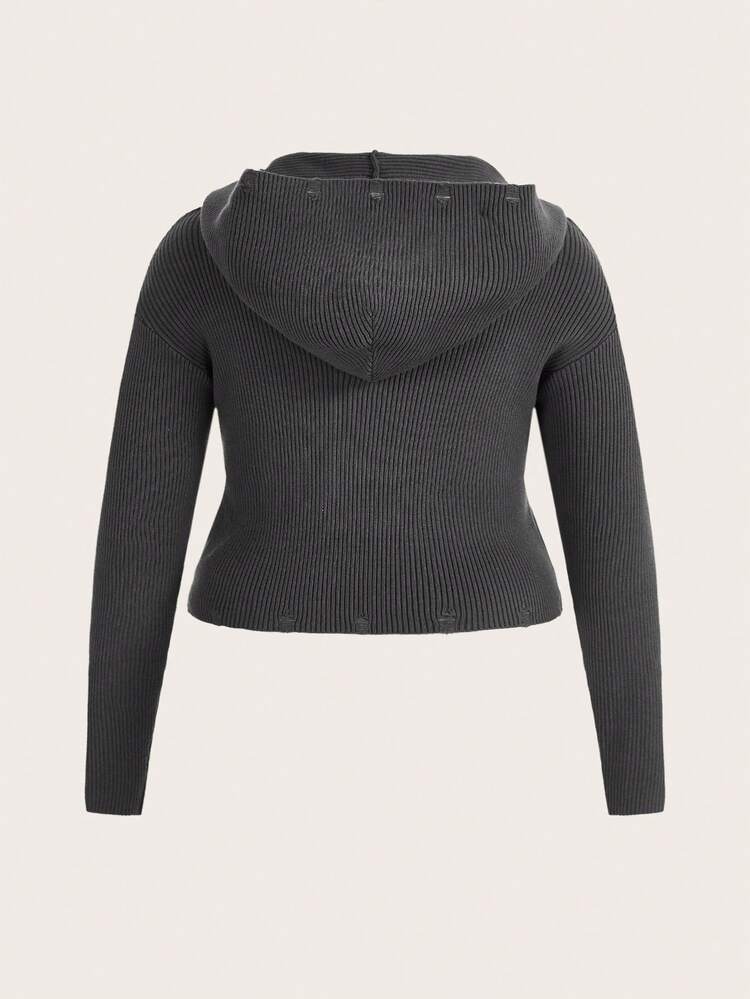 Plus Letter Embroidery Zip Up Hooded Cardigan