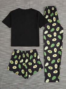 女士酪梨印花短袖上衣和短褲/長褲睡衣套裝