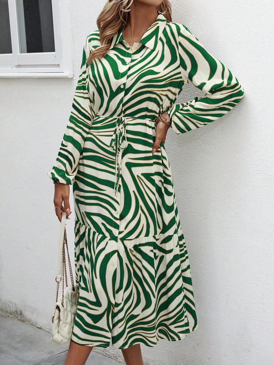 SHEIN LUNE Của phụ nữ Mô hình ngựa vằn Tay áo dài Váy sơ mi Với Thắt Lưng - màu xanh lá - Xem 1