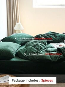 3pcs Dark Green, Velvet Crystal Velvet, Autumn And Winter, Warm, Flannel, Double-Sided Solid Color, Dormitory Bedding Set, Ladies, Including 1 Down Quilt Cover And 2 Pillowcases, Super Soft, Machine Washable, No Filler,Twin Full Queen King - Dark Green - View 2