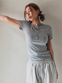 DAZY 女款圆领短袖T恤、短款上衣 - 灰色 - 查看 9