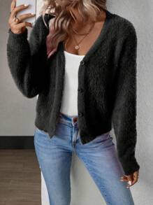 EMERY ROSE Short Cut Mink Hair V-Neck Cardigan,Long Sleeve Tops Fall Winter Cloth For Women - Black - View 4
