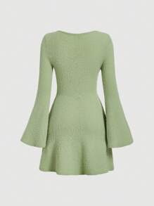 SHEIN MOD 女士紋理面料連體裙,配有泡泡袖 - 綠色 - 查看 2