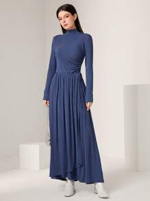 Seusyu Ladies' Solid Color Stand Collar Long Sleeve Pleated Dress Modest Dress - Blue - View 5