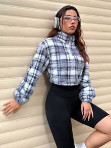 SHEIN Unity Kẻ sọc 	
Fuzzy Nửa Zip Quần skinny Áo nỉ - Màu xanh bụi bặm - Xem 5