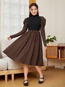 SHEIN Thiếu niên Cô gái Dệt kim Vá lại Đồ họa Houndstooth Đứng cổ áo Chân Của Tay áo Đầm giản dị - màu nâu - Xem 6