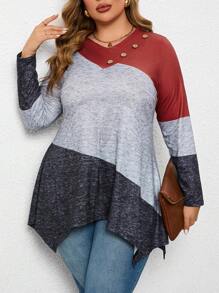 Camiseta de manga larga con bloque de color y bajo asimétrico para mujer talla grande - Multicolor - Ver 1