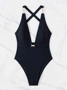 SHEIN Swim Women's Solid Color Crisscross Backless One-Piece Swimsuit Music Festival Summer - Black - View 6