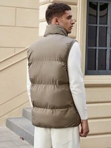 Nam Chi tiết Patched thư Dây kéo Áo gi lê Lông vũ - Màu Khaki - Xem 2