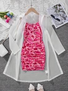 Tween Girl Fashionable Heart Pattern Knit Cami Dress With Solid Color Shirt - White - View 1