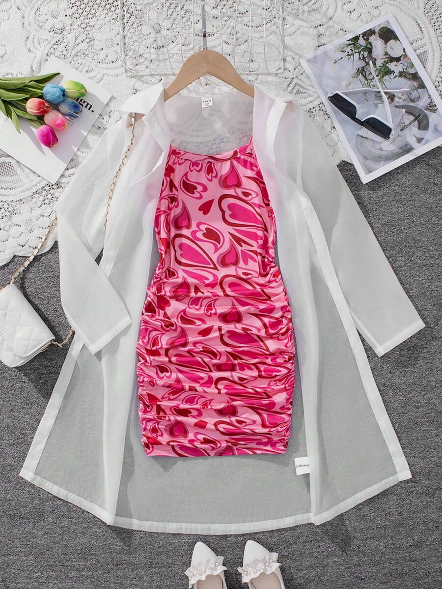Tween Girl Fashionable Heart Pattern Knit Cami Dress With Solid Color Shirt - White - View 1